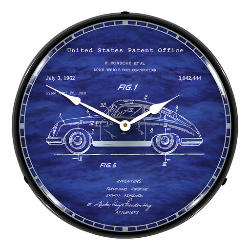 Collectable Sign and Clock Porsche 356 Patent Blueprint Backlit Wall Clock