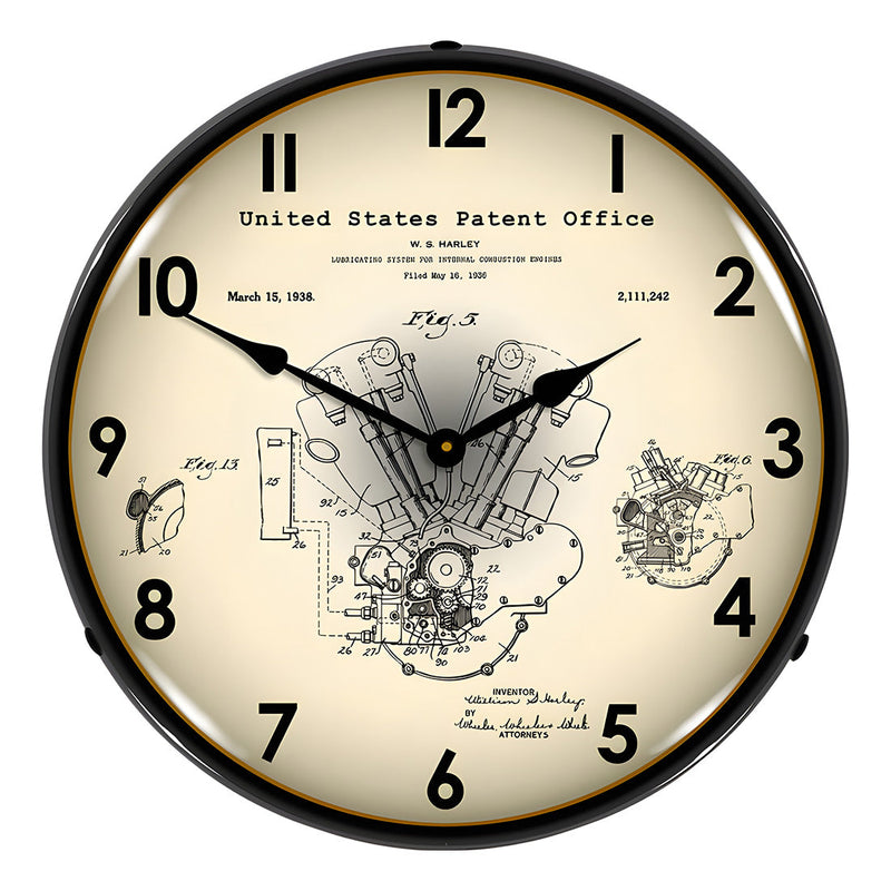 Collectable Sign and Clock 1938 Harley Davidson Knucklehead Patent Blueprint Backlit Wall Clock