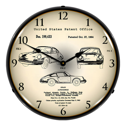 Collectable Sign and Clock 1964 Porsche 911 Patent Blueprint Backlit Wall Clock