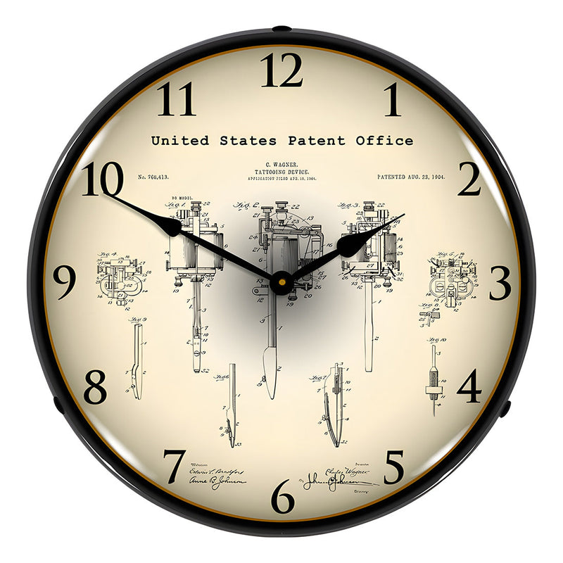 Collectable Sign and Clock 1904 Wagner Tattoo Device Patent Blueprint Backlit Wall Clock
