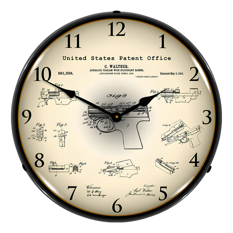 Collectable Sign and Clock 1911 Walther PPK Patent Blueprint Backlit Wall Clock