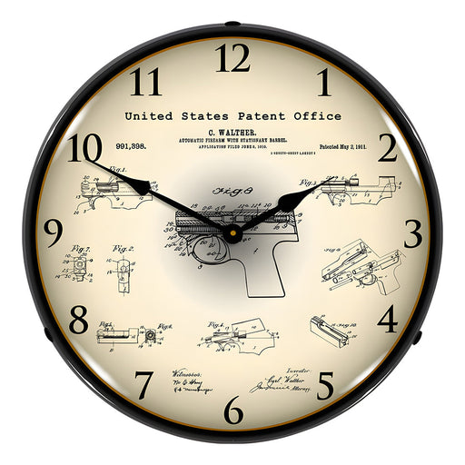 Collectable Sign and Clock 1911 Walther PPK Patent Blueprint Backlit Wall Clock