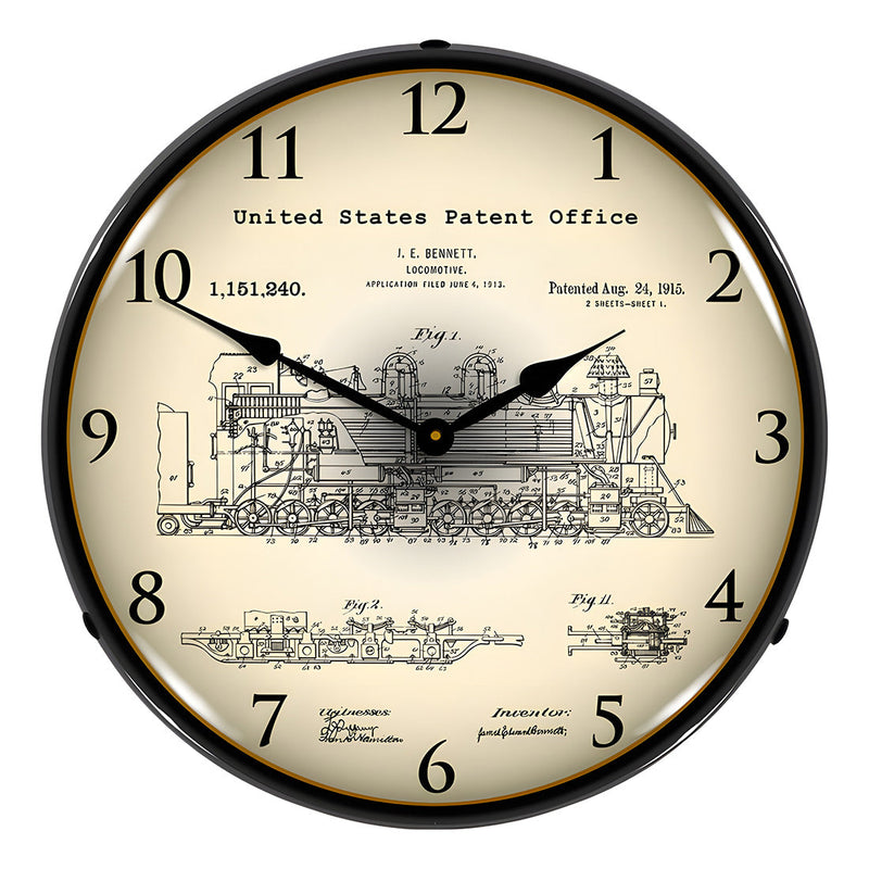 Collectable Sign and Clock 1913 Bennett Locomotive Patent Blueprint Backlit Wall Clock