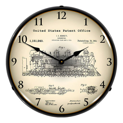 Collectable Sign and Clock 1913 Bennett Locomotive Patent Blueprint Backlit Wall Clock