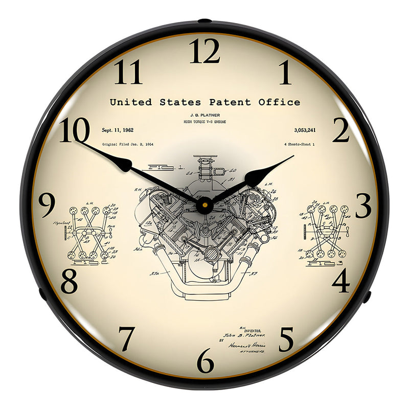 Collectable Sign and Clock 1954 Chrysler Hemi V-8 Engine Patent Blueprint Backlit Wall Clock