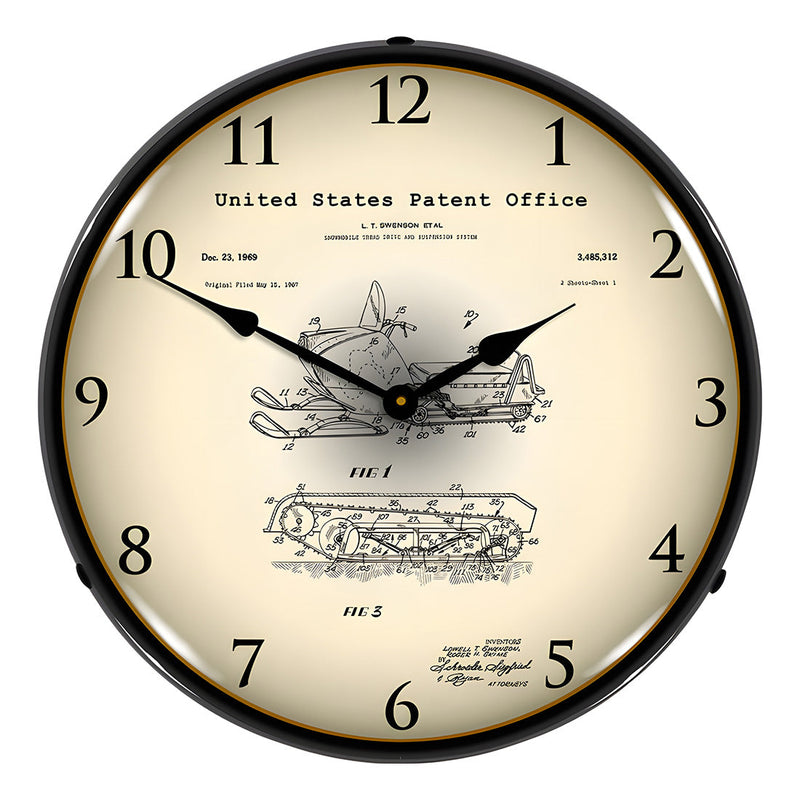 Collectable Sign and Clock 1969 Swenson Snowmobile Patent Blueprint Backlit Wall Clock