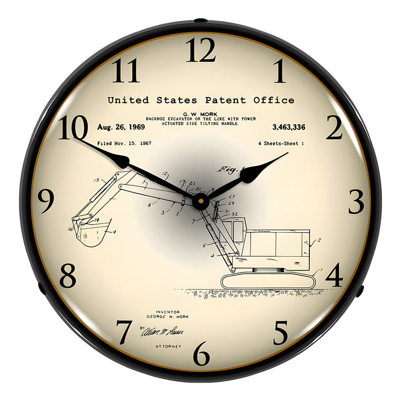 Collectable Sign and Clock 1969 Backhoe Excavator Patent Blueprint Backlit Wall Clock
