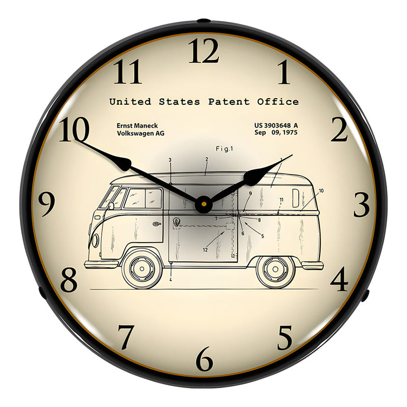Collectable Sign and Clock 1975 Volkswagen Bus Patent Blueprint Backlit Wall Clock