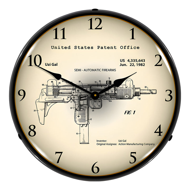 Collectable Sign and Clock 1982 Uzi Submachine Gun Patent Blueprint Backlit Wall Clock