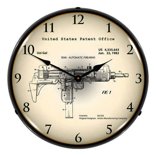 Collectable Sign and Clock 1982 Uzi Submachine Gun Patent Blueprint Backlit Wall Clock