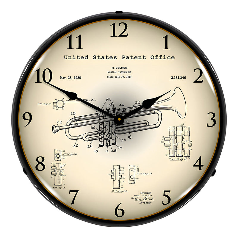 Collectable Sign and Clock 1937 Trumpet Patent Blueprint Backlit Wall Clock