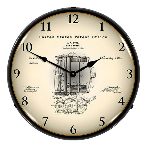Collectable Sign and Clock 1898 J.A. Burr Lawn Mower Patent Blueprint Backlit Wall Clock