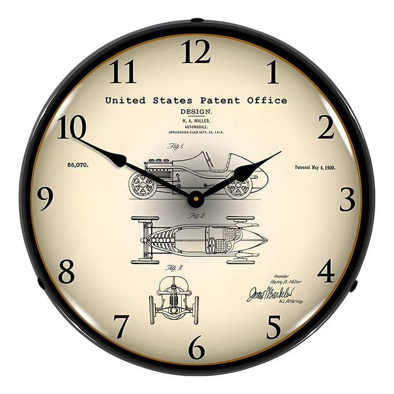 Collectable Sign and Clock 1920 H.A. Miller Race Car Patent Blueprint Backlit Wall Clock