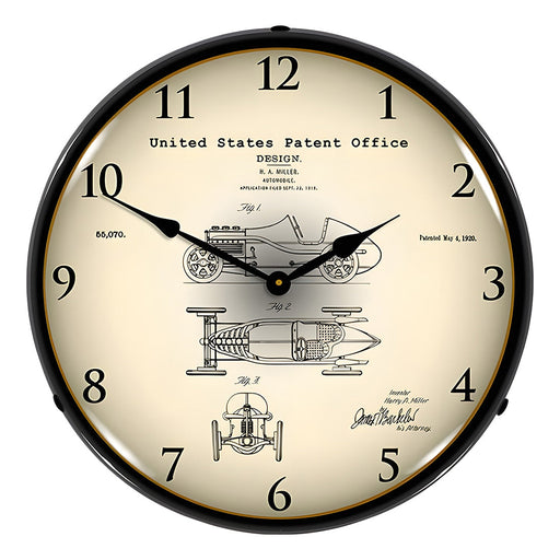Collectable Sign and Clock 1920 H.A. Miller Race Car Patent Blueprint Backlit Wall Clock