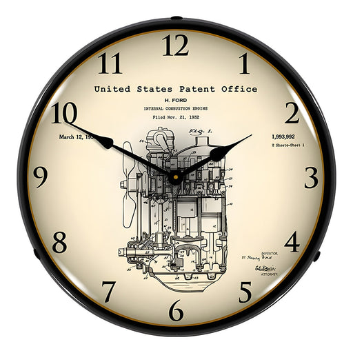 Collectable Sign and Clock 1932 Henry Ford Engine Patent Blueprint Backlit Wall Clock