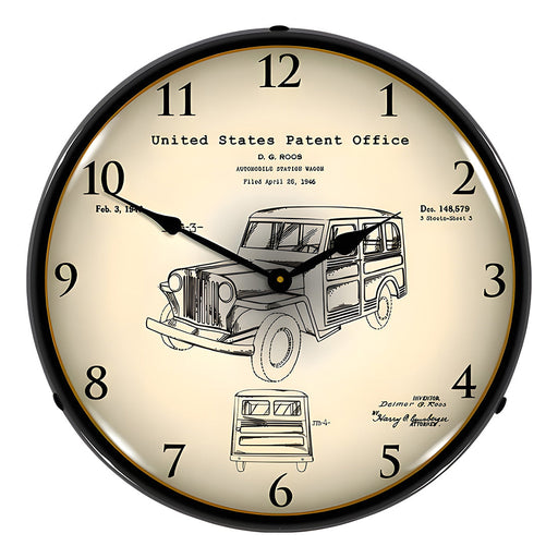 Collectable Sign and Clock 1946 Willys Jeep Station Wagon Patent Blueprint Backlit Wall Clock