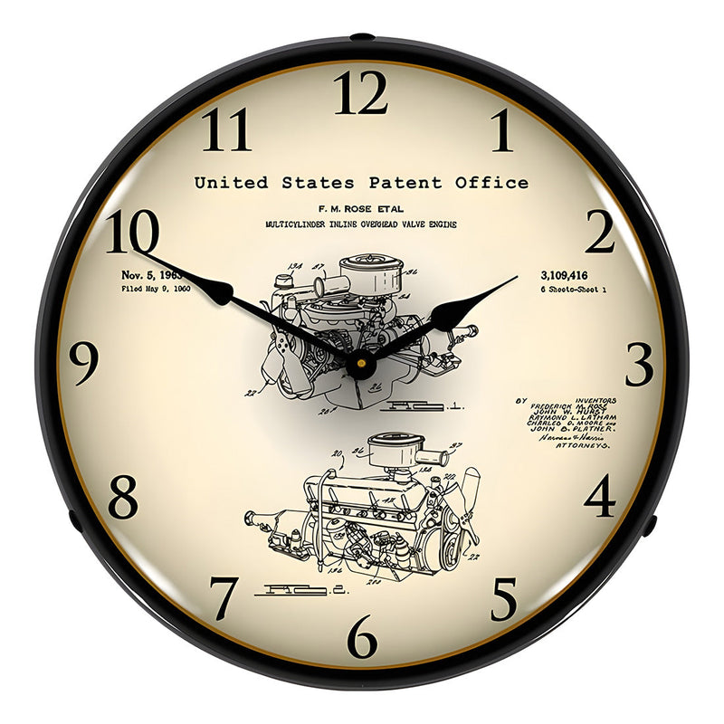 Collectable Sign and Clock 1960 Chrysler 220 Slant Six Engine Patent Blueprint Backlit Wall Clock