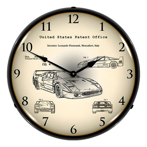 Collectable Sign and Clock Ferrari F40 Patent Blueprint Backlit Wall Clock