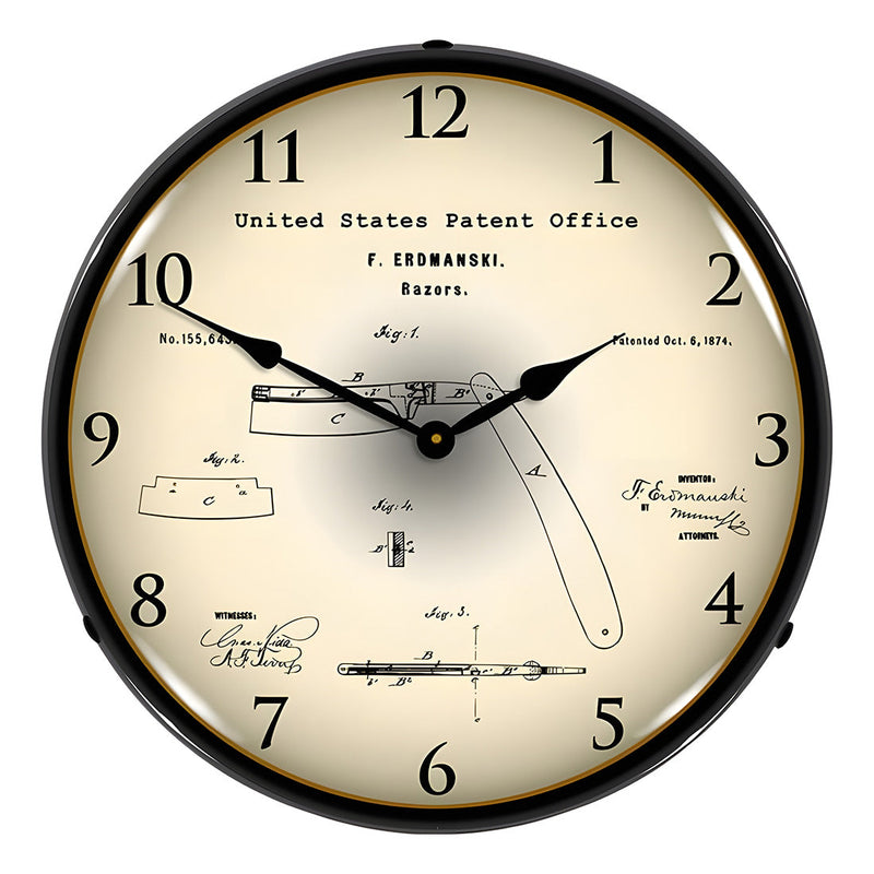 Collectable Sign and Clock 1874 Straight Razor Patent Blueprint Backlit Wall Clock