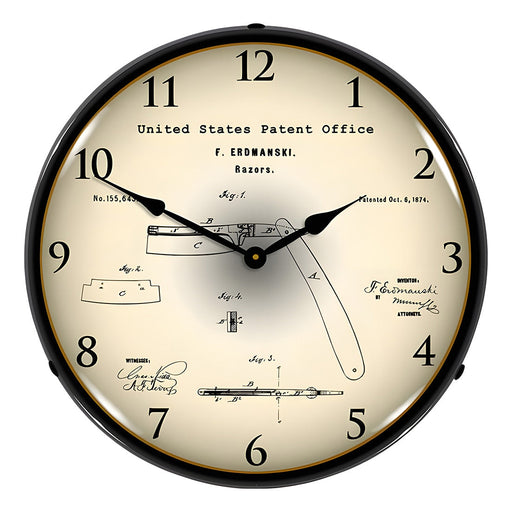 Collectable Sign and Clock 1874 Straight Razor Patent Blueprint Backlit Wall Clock