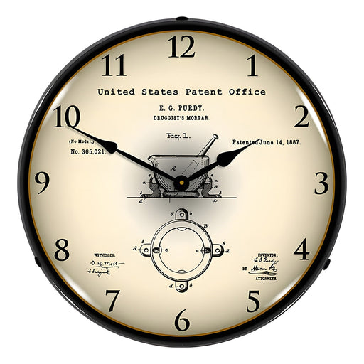 Collectable Sign and Clock 1887 Pharmacist Mortar Patent Blueprint Backlit Wall Clock