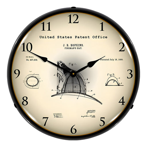 Collectable Sign and Clock 1889 Hopkins Firemans Hat Patent Blueprint Backlit Wall Clock