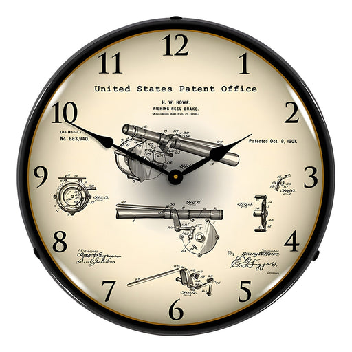 Collectable Sign and Clock 1901 Antique Fishing Reel Brake Patent Blueprint Backlit Wall Clock
