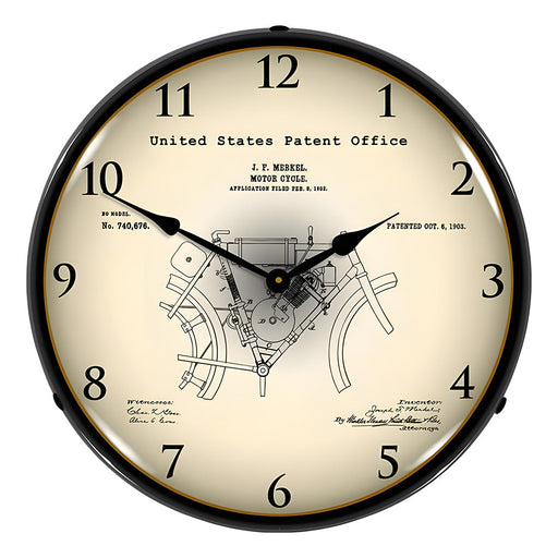 Collectable Sign and Clock 1902 Merkel Motorcycle Patent Blueprint Backlit Wall Clock