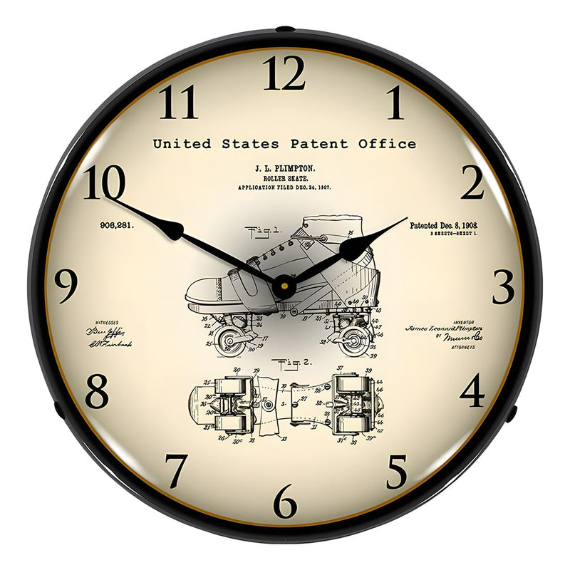 Collectable Sign and Clock 1907 Plimpton Roller Skate Patent Blueprint Backlit Wall Clock