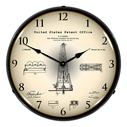 Collectable Sign and Clock 1916 Howard Hughes Oil Drilling Rig Patent Blueprint Backlit Wall Clock