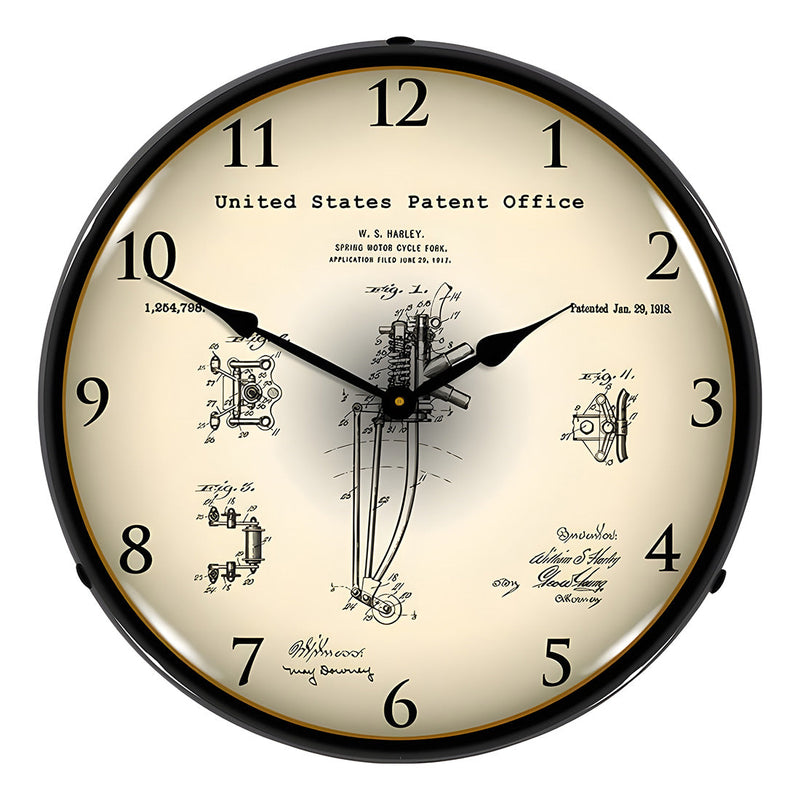 Collectable Sign and Clock 1917 Harley Davidson Springer Front Fork Patent Blueprint Backlit Wall Clock