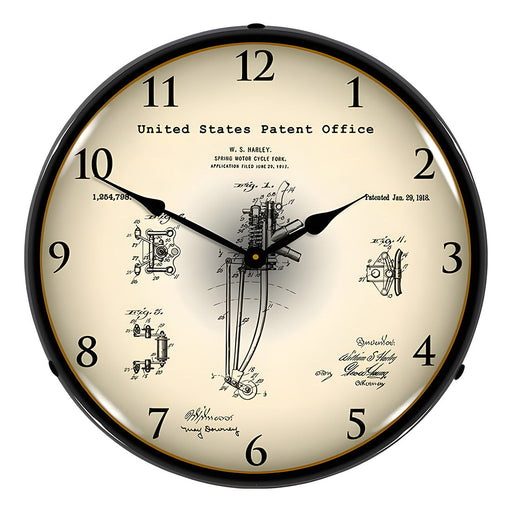 Collectable Sign and Clock 1917 Harley Davidson Springer Front Fork Patent Blueprint Backlit Wall Clock