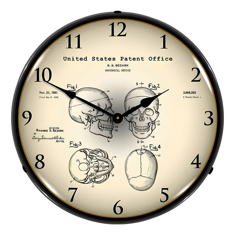 Collectable Sign and Clock 1960 Anatomical Skull Patent Blueprint Backlit Wall Clock