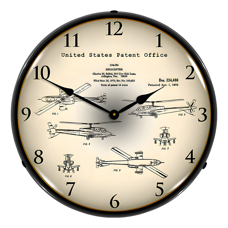 Collectable Sign and Clock 1973 AH-64 Apache Helicopter Patent Blueprint Backlit Wall Clock