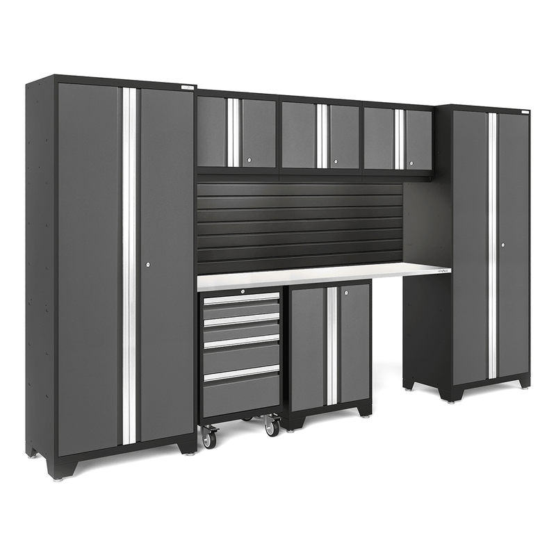 NewAge Products Bold Grey 8-Piece Garage Cabinet Set with Stainless Steel Worktop, LED Lights and Black Steel Slatwall Backsplash