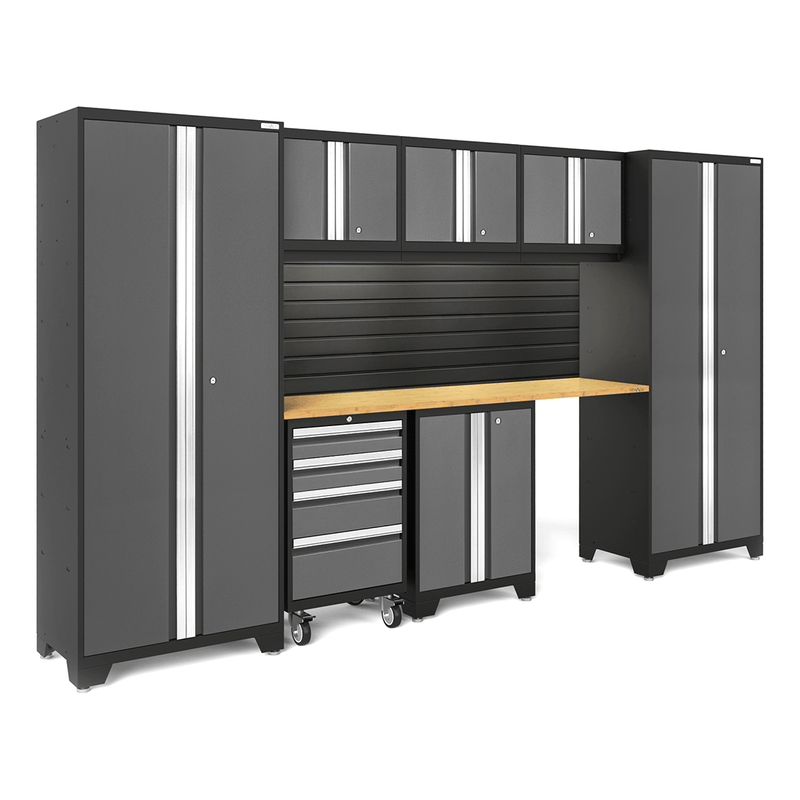 NewAge Products Bold Grey 8-Piece Garage Cabinet Set with Bamboo Worktop, LED Lights and Black Steel Slatwall Backsplash
