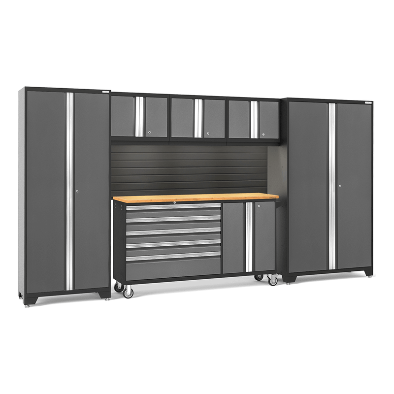 NewAge Products Bold Grey 7-Piece Garage Cabinet System with Bamboo Worktop and Black Steel Slatwall Backsplash
