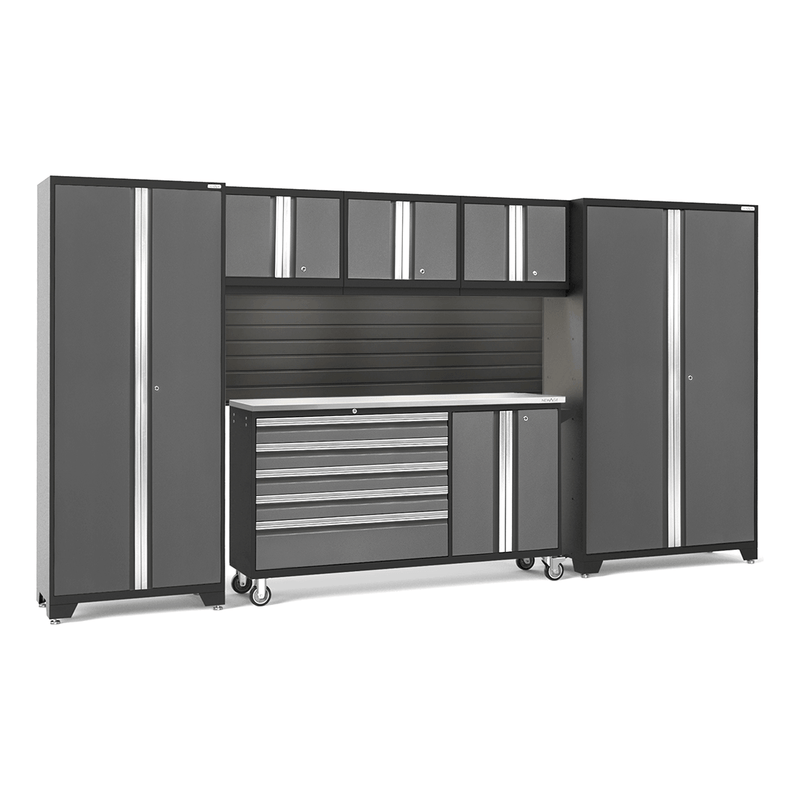 NewAge Products Bold Grey 7-Piece Garage Cabinet System with Stainless Steel Worktop and Black Steel Slatwall Backsplash