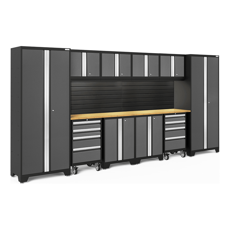 NewAge Products Bold Grey 12-Piece Garage Cabinet System with Bamboo Worktops, LED Lights and Black Steel Slatwall Backsplash