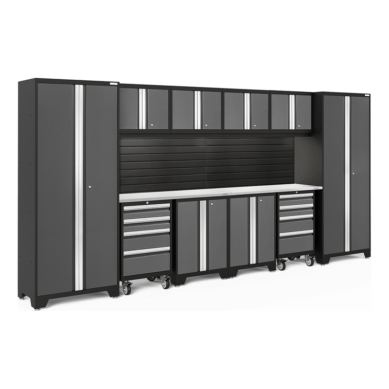 NewAge Products Bold Grey 12-Piece Garage Cabinet System with Stainless Steel Worktops, LED Lights and Black Steel Slatwall Backsplash