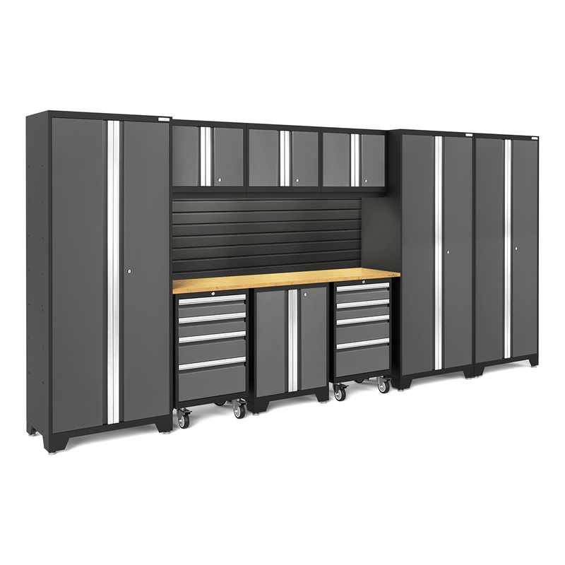 NewAge Products Bold Grey 10-Piece Garage Cabinet Set with Bamboo Worktop, LED Lights and Black Steel Slatwall Backsplash