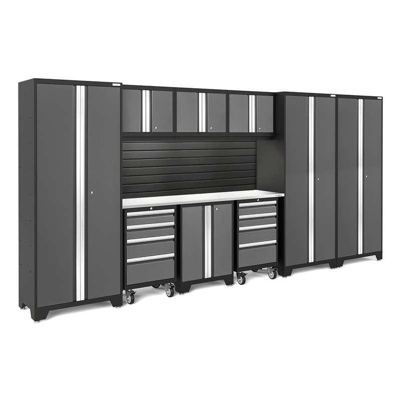 NewAge Products Bold Grey 10-Piece Garage Cabinet Set with Stainless Steel Worktop, LED Lights and Black Steel Slatwall Backsplash