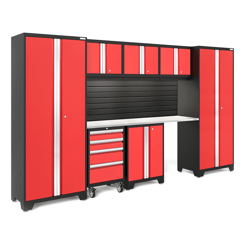 NewAge Products Bold Red 8-Piece Garage Cabinet Set with Stainless Steel Worktop, LED Lights and Black Steel Slatwall Backsplash