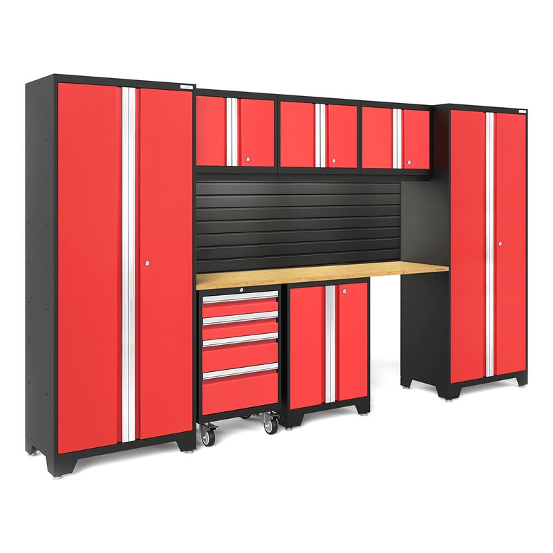 NewAge Products Bold Red 8-Piece Garage Cabinet Set with Bamboo Worktop, LED Lights and Black Steel Slatwall Backsplash