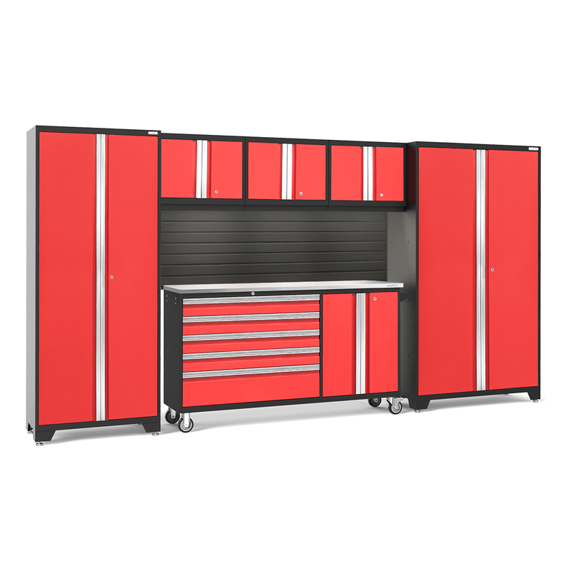 NewAge Products Bold Red 7-Piece Garage Cabinet System with Stainless Steel Worktop and Black Steel Slatwall Backsplash