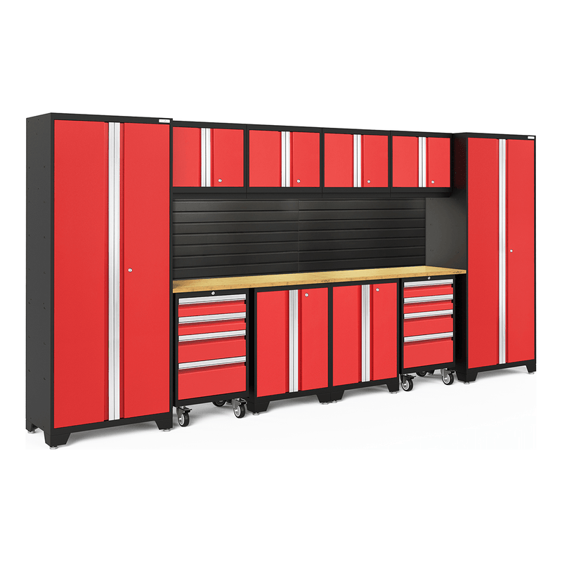NewAge Products Bold Red 12-Piece Garage Cabinet System with Bamboo Worktops, LED Lights and Black Steel Slatwall Backsplash