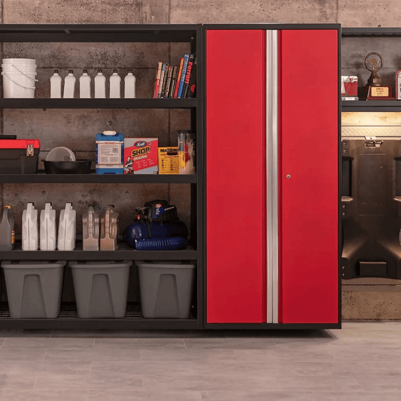 NewAge Products Bold Red 12-Piece Garage Cabinet System with Bamboo Worktops, LED Lights and Black Steel Slatwall Backsplash