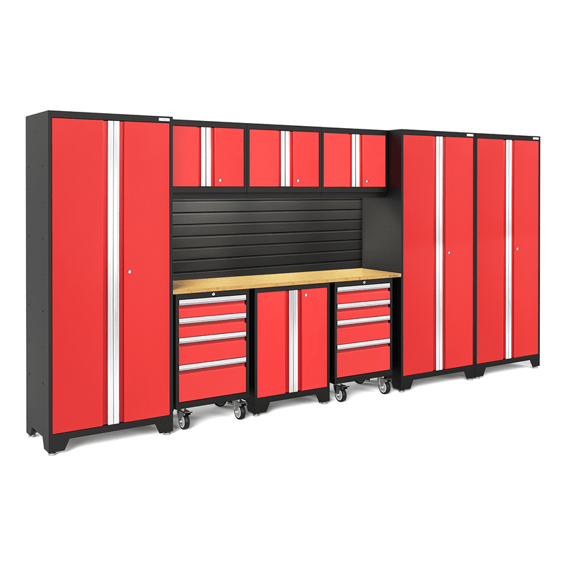 NewAge Products Bold Red 10-Piece Garage Cabinet Set with Bamboo Worktop, LED Lights and Black Steel Slatwall Backsplash