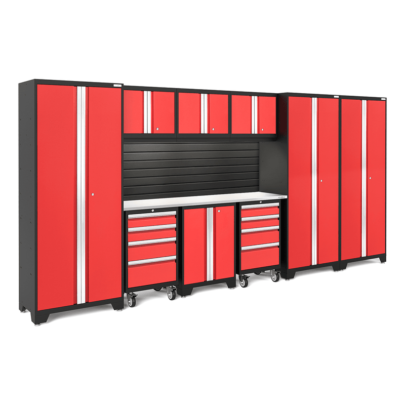 NewAge Products Bold Red 10-Piece Garage Cabinet Set with Stainless Steel Worktop, LED Lights and Black Steel Slatwall Backsplash