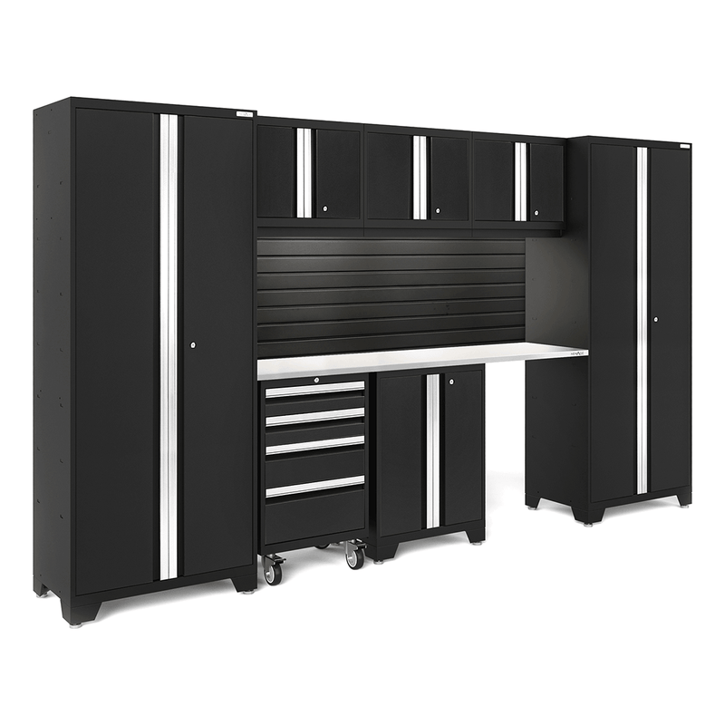 NewAge Products Bold Black 8-Piece Garage Cabinet Set with Stainless Steel Worktop, LED Lights and Black Steel Slatwall Backsplash